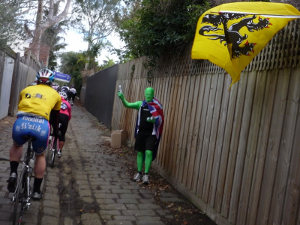 Hilly, slippery pave. 'Just put the gas on', DB tells me Hilly, slippery pave. 'Just put the gas on', DB tells me